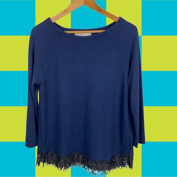 Loft Navy 3/4 Sleeve Black Lace Hem Knit Stretchy Blouse S Blue - Picture 10 of 10
